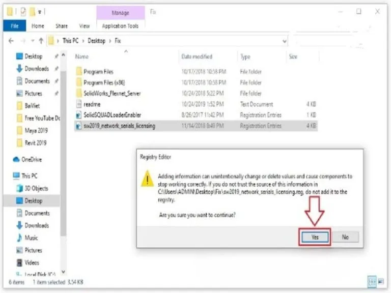 Chạy file sw2019 network serials licensing.reg rồi ấn OK