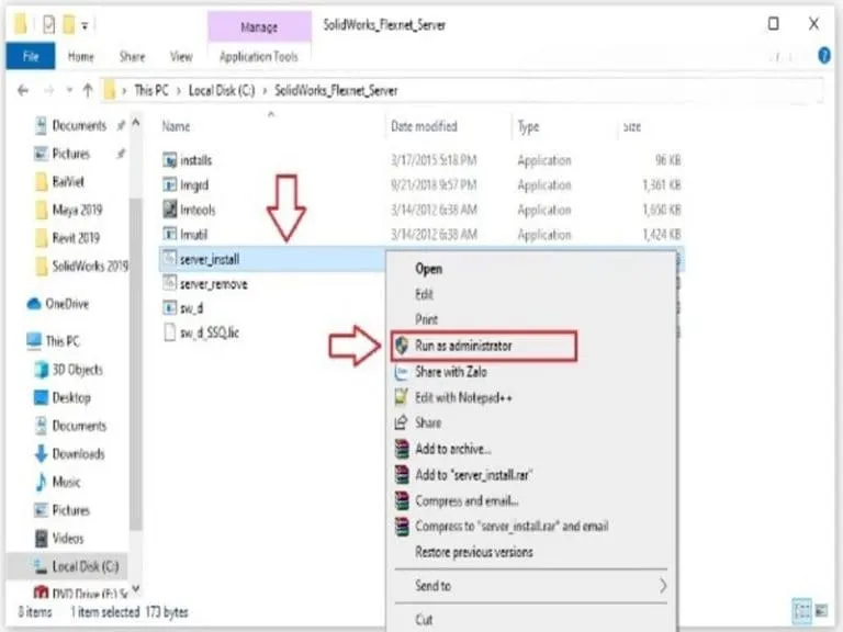 Chạy Server_install bằng lựa chọn Run as Administrator